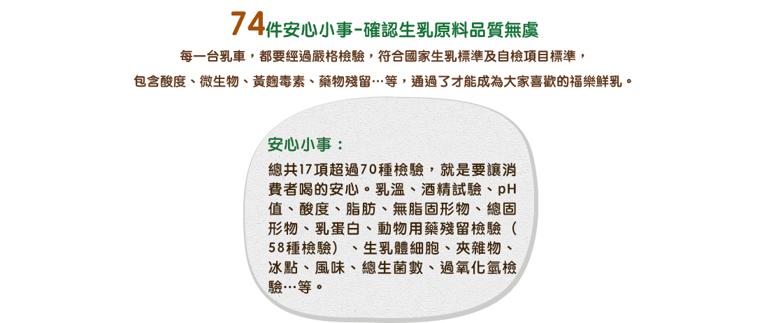 74件安心小事-確認生乳原料品質無虞 / 每一台乳車，都要經過嚴格檢驗，符合國家生乳標準及自檢項目標準，包含酸度、微生物、黃麴毒素、藥物殘留…等，通過了才能成為大家喜歡的福樂鮮乳。安心小事：總共17項超過70種檢驗，就是要讓消費者喝的安心。乳溫、酒精試驗、pH值、酸度、脂肪、無脂固形物、總固形物、乳蛋白、動物用藥殘留檢驗（58種檢驗）、生乳體細胞、夾雜物、冰點、風味、總生菌數、過氧化氫檢驗….等。