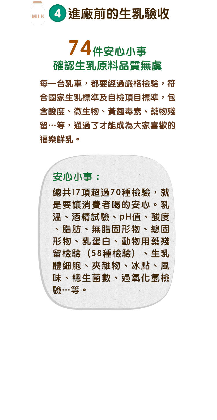 74件安心小事，確認生乳原料品質無虞 / 每一台乳車，都要經過嚴格檢驗，符合國家生乳標準及自檢項目標準，包含酸度、微生物、黃麴毒素、藥物殘留…等，通過了才能成為大家喜歡的福樂鮮乳。安心小事：總共17項超過70種檢驗，就是要讓消費者喝的安心。乳溫、酒精試驗、pH值、酸度、脂肪、無脂固形物、總固形物、乳蛋白、動物用藥殘留檢驗（58種檢驗）、生乳體細胞、夾雜物、冰點、風味、總生菌數、過氧化氫檢驗….等。