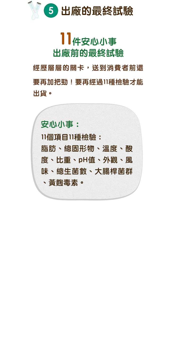 11件安心小事-出廠前的最終試驗 / 經歷層層的關卡，送到消費者前還要再加把勁！要再經過11種檢驗才能出貨。安心小事：11個項目11種檢驗：脂肪、總固形物、溫度、酸度、比重、pH值、外觀、風味、總生菌數、大腸桿菌群、黃麴毒素。